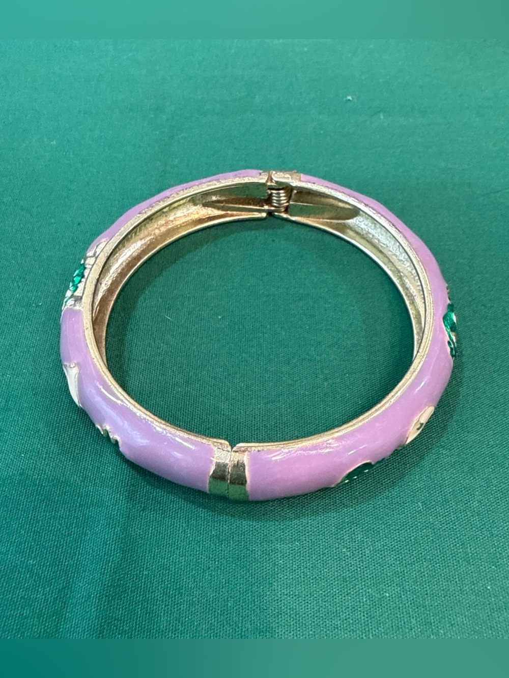 Hinged Bangle Bracelet W/Glossy Lilac Enamel FinishGreen And White Accents. 113D